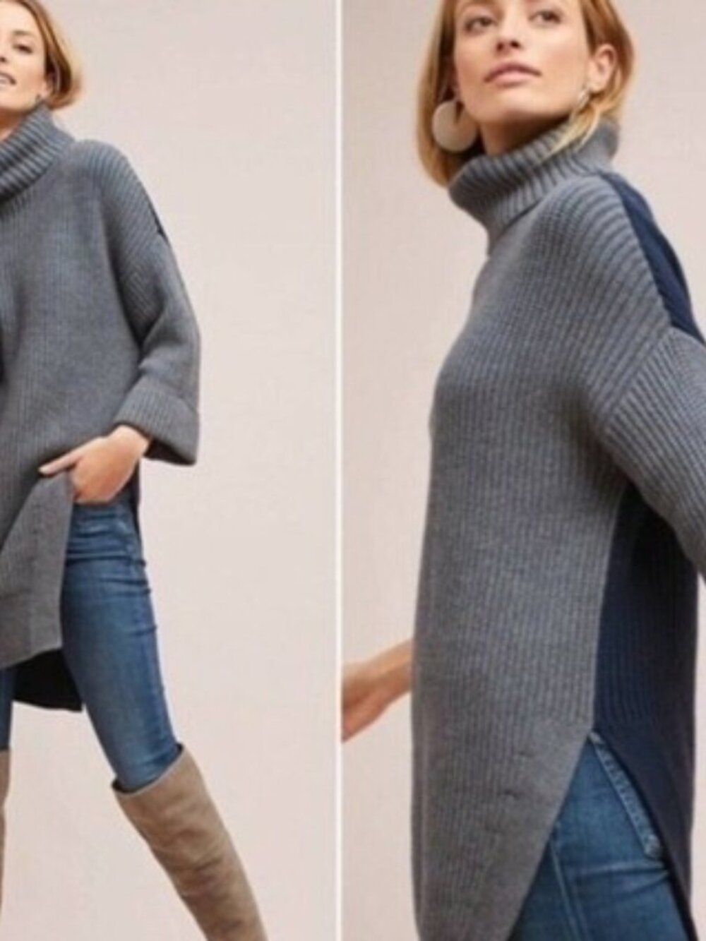 Womens Anthropologie Moth Grey and Navy Ribbed Sweater Dress Size Large